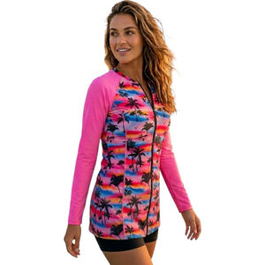 Grace Karin Tropical Palm Print Zip Front Rash Guard Top Built-In Bra Size L